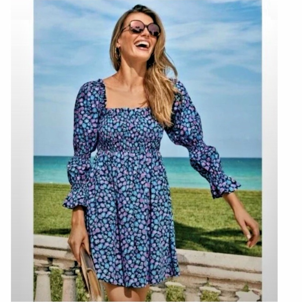 NWT Lilly Pulitzer Beyonca Smocked Dress Seabreeze Blue Low Tide Navy Spotted, M